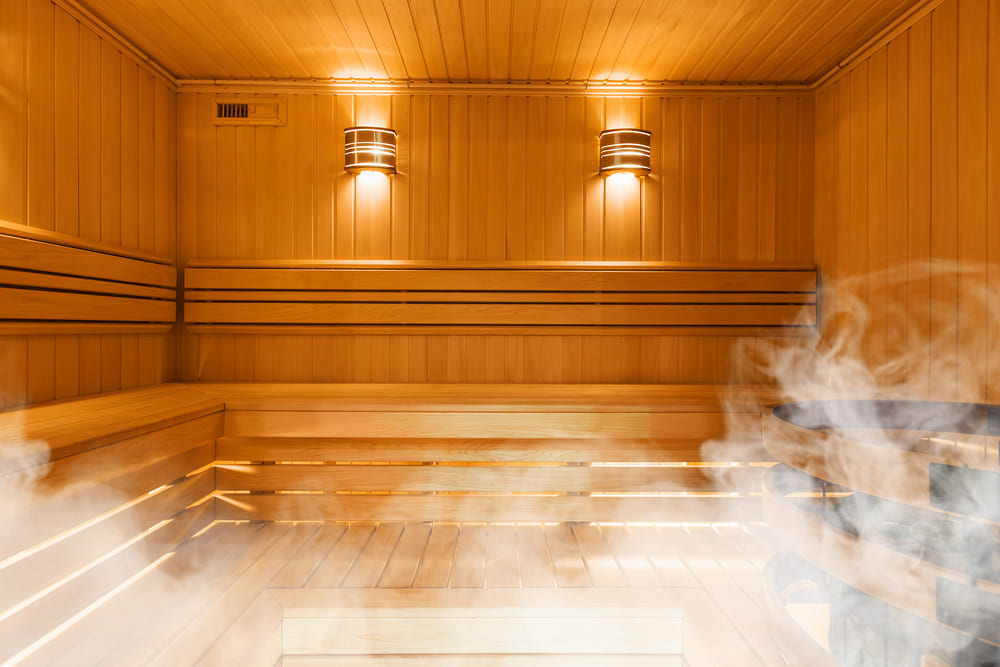 Interior of Finnish sauna, classic wooden sauna
